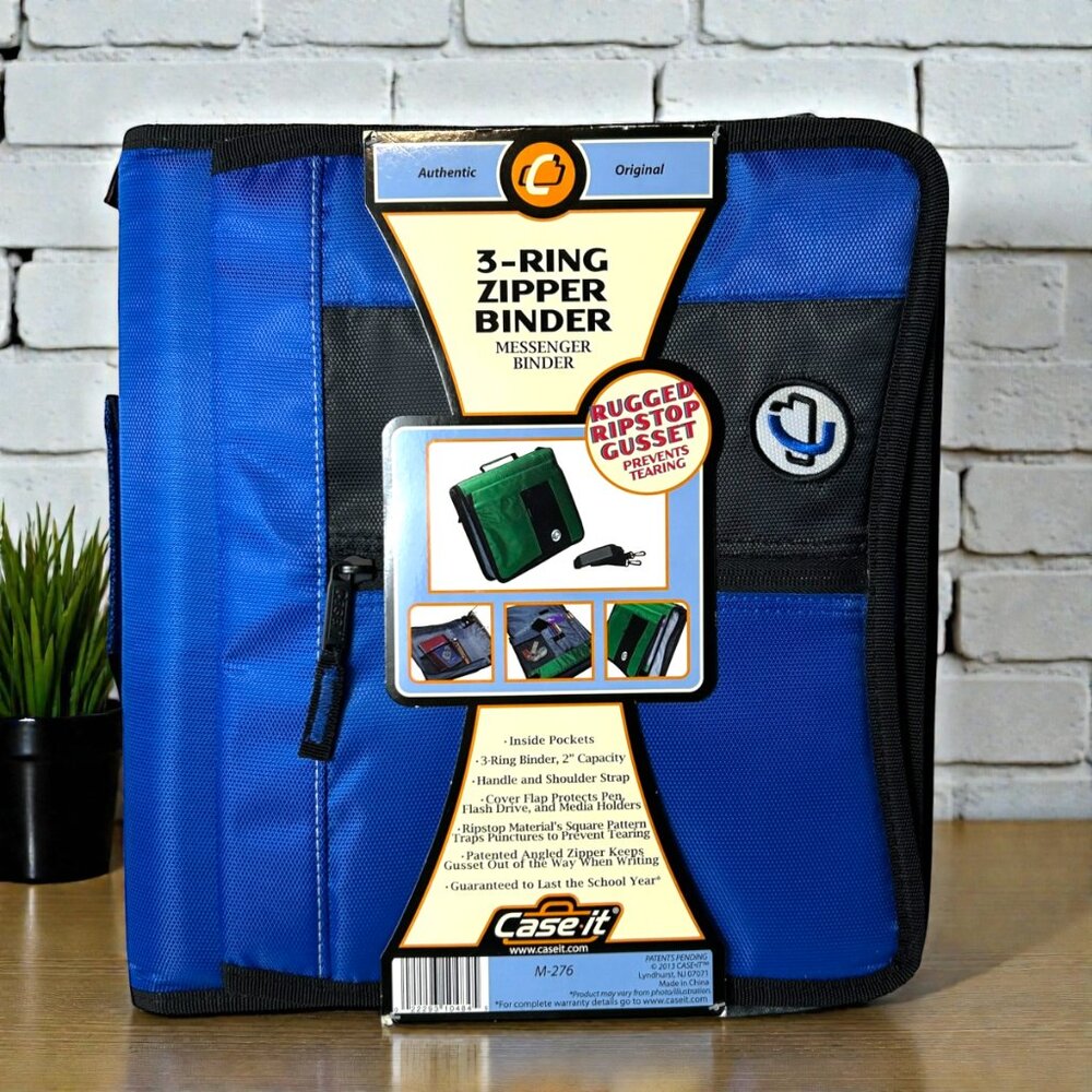 Case It Case-it The Flip Top 2" 3-Ring Zipper Binder Blue Handle Shoulder Strap
